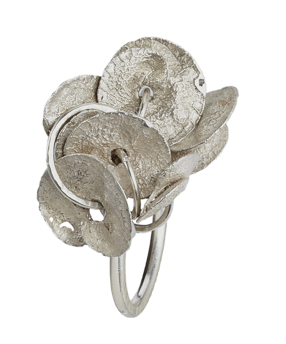 Spanish Seeds-Ring aus Silber und Bronze mit gegossenen, scheibenförmigen Samenhülsen.